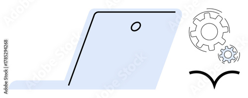Open laptop and three interlocking gears indicating collaboration, process optimization, and technological advancement. Ideal for technology, innovation, efficiency, teamwork, problem solving