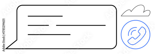 Speech bubble with horizontal lines, cloud shape, and phone call icon conveying digital communication. Ideal for messaging apps, customer service, cloud technology, telecommunication, online support