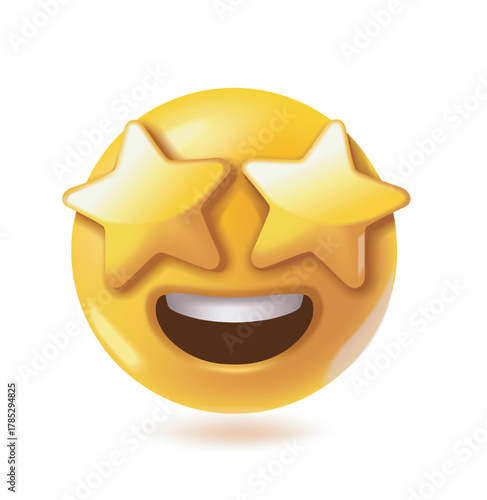 Yellow smiling emoji with star-shaped eyes and a wide open mouth, glossy cartoon style on white background. Concept of excitement and amazement. Vector illustration