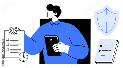 Person holding tablet and checklist surrounded by shield, clock, and documents. Ideal for productivity, security, organization, management, time management planning and business. Simple flat