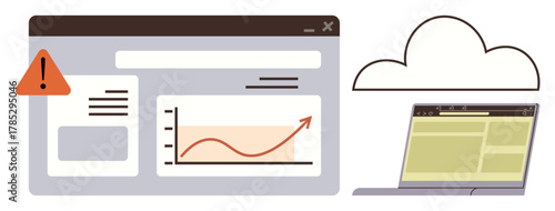 Data dashboard with alert sign, growth chart, connected cloud, and laptop screen elements. Ideal for analytics, business growth, cloud computing, monitoring systems, data security collaboration