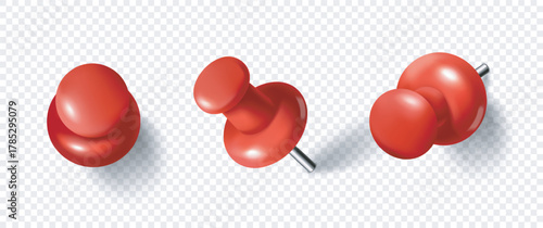 Realistic red push pins shown from different angles with shadows, designed in a glossy style on a transparent background. Concept of office and stationery tools. Vector illustration