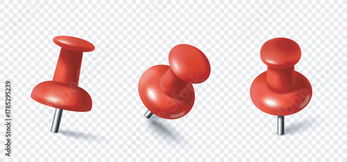 Three red push pins shown in different angles and positions, realistic graphic style, placed on a transparent checkered background. Concept of office tools. Vector illustration