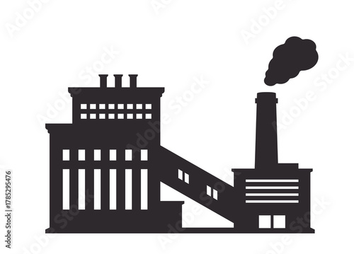 Industrial factory building with smokestack emitting smoke in black silhouette style on white background. Concept of manufacturing and industry. Vector illustration
