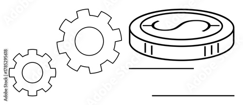 Gears beside a coin signify financial mechanics, productivity, and cost management. Ideal for finance, economy, business strategy, investment, productivity, operational workflows simple flat