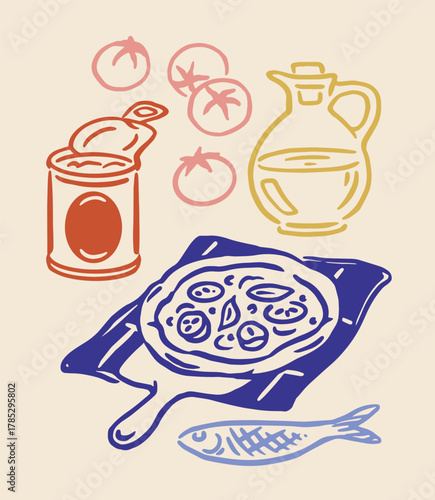Hand-drawn colorful vector of pizza ingredients including canned tomatoes, olive oil, fresh tomatoes, a pizza on a paddle, and a fish on beige background. Vector illustration