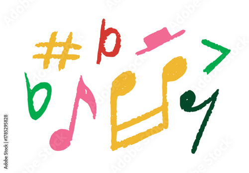 Hand-drawn colorful music symbols including notes, sharps, flats, and rests in vibrant tones on a white background. Concept of creative musical expression. Vector illustration