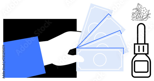 Simplistic design showing hand giving money, vase with flowers, and a bottle. Ideal for finance, shopping, business transactions, gift purchasing, minimalism budgeting and spending concepts. A