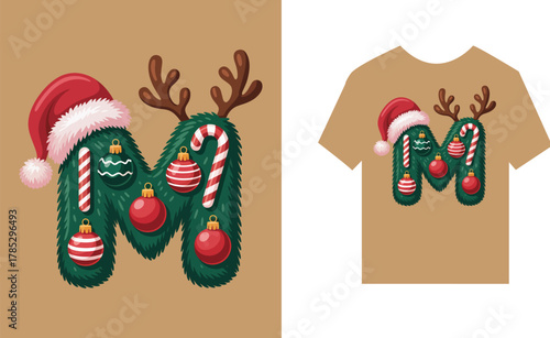 Letter M decorated as Christmas reindeer with ornaments and candy canes , santa hat, christmas ornament
