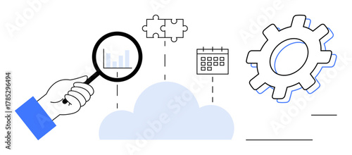 Hand holding magnifying glass near cloud, analyzing data, puzzle pieces, calendar, and gear. Ideal for analytics, strategy, problem-solving, project planning automation cloud solutions innovation