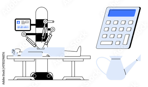 Robotic arms perform surgery on a patient on an operating table, with a monitor displaying vitals, a calculator suggesting planning, and a watering can symbolizing nurture. Ideal for healthcare