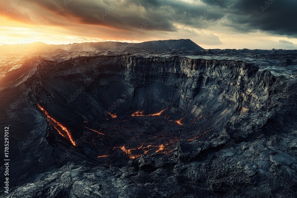 Fototapeta premium Volcanic crater's fiery interior at sunset.
