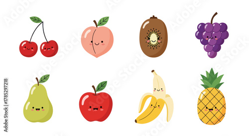 Cartoon fruits collection with happy faces isolated on a white background