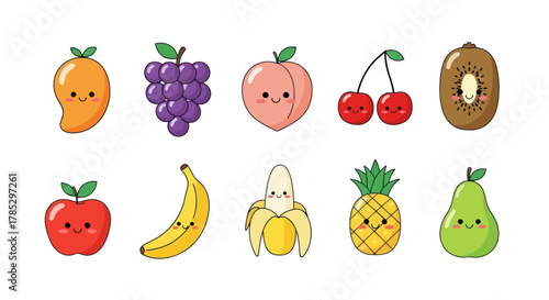 Cartoon fruits collection with happy smiling faces isolated on white background