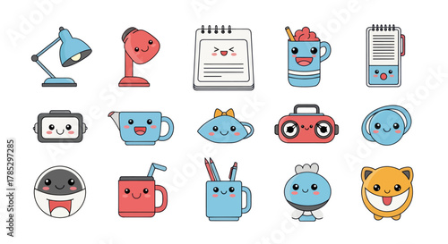 Cartoon illustrations of various objects with friendly and cheerful expressions