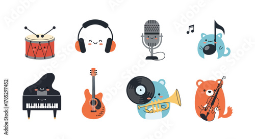 Cartoon music instruments and animals characters illustration on white
