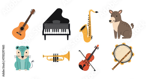 Cartoon musical instruments and animals isolated on white background