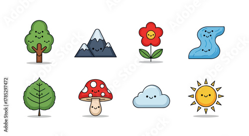 Cartoon nature elements illustration isolated on white background