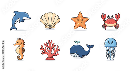 Cartoon ocean creatures dolphin crab seahorse starfish and jellyfish