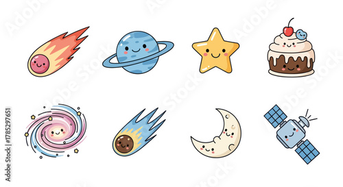 Cartoon planets and celestial objects with smiling faces for education