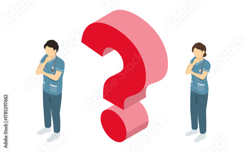 アイソメトリックイラスト：考える看護師(緑)