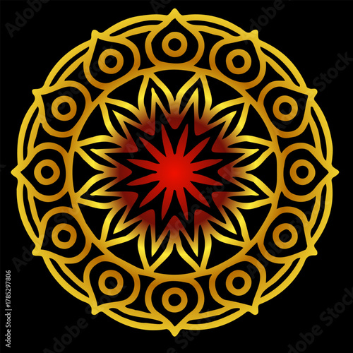 Golden and red mandala with intricate circular symmetry and ornate geometric details on a dark background.