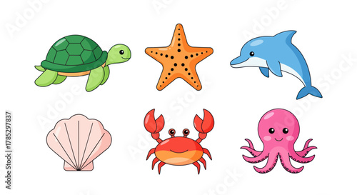 Cartoon sea creatures turtle starfish dolphin shell crab octopus