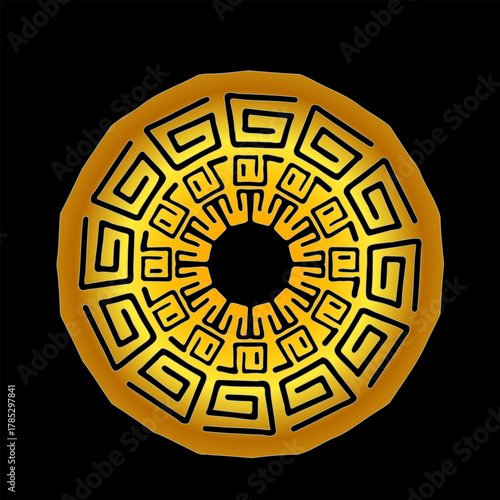 Golden geometric mandala with crisp symmetrical lines on a dark background, creating a luxurious ornamental look.