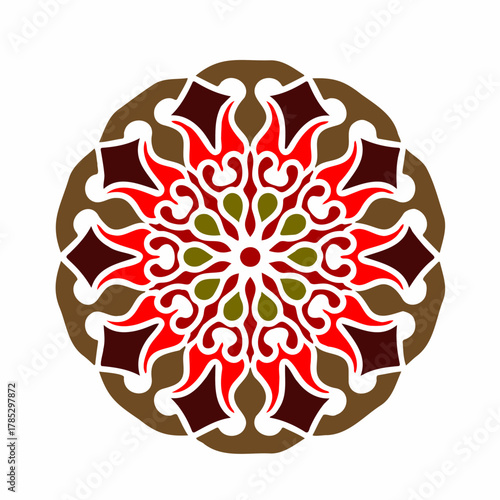 Brown and red floral mandala with layered symmetrical petals forming an elegant ornamental circular pattern.