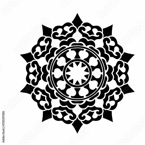 Black and white mandala with bold symmetrical geometric details forming a strong ornamental circular design.