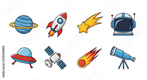 Cartoon space elements planet rocket comet astronaut helmet ufo satellite meteor telescope