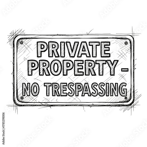 Unique hand-drawn private property no trespassing sign, sketch illustration