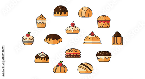 Assortment of bakery treats illustrated on white background isolated