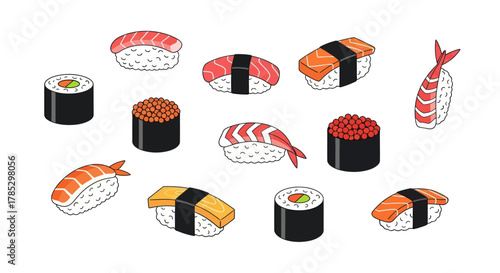 Assorted sushi colorful illustration of traditional japanese cuisine