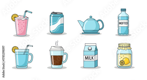 Assortment of refreshing beverages in cartoon style for various purposes