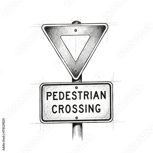 Detailed Sketch of Pedestrian Crossing Sign with Yield Sign, Black and White