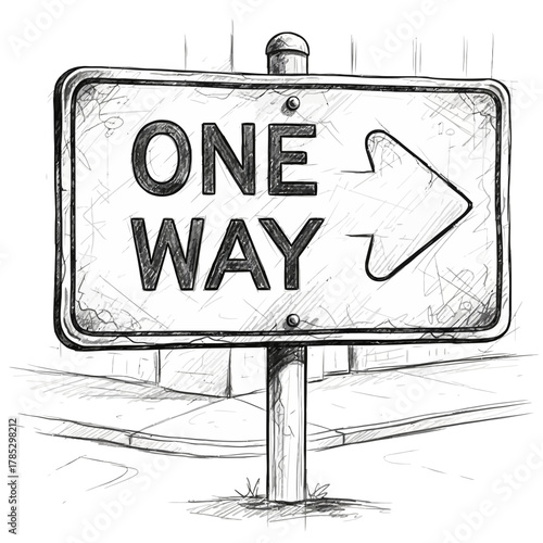 Detailed Sketch of a One-Way Road Sign with Visible Street Corner