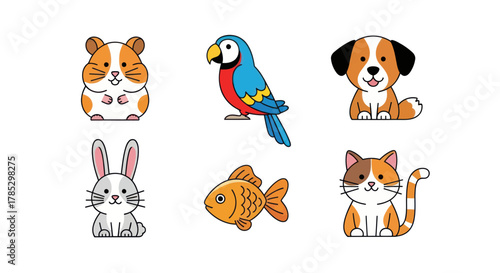 Cartoon animal collection pets parrot bunny goldfish cat and puppy