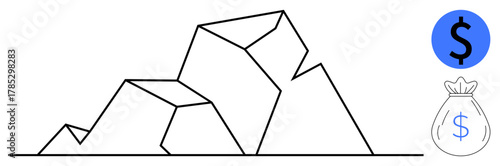 Geometric mountains symbolize challenges and growth. Dollar sign and money bag represent financial goals. Ideal for success, strategy, economics, saving, wealth planning, finance, simple flat