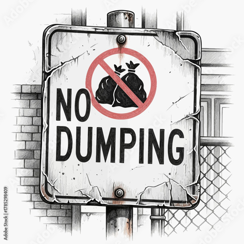 Prohibition signage of unauthorized waste disposal on grungy wall illustration