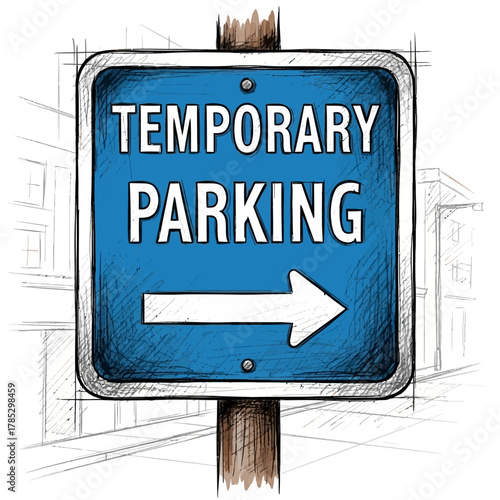 Sketch of blue temporary parking sign with directional arrow illustration