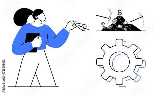 Woman holding tablet, pointing toward cryptocurrency mining setup and cogwheel. Ideal for blockchain, technology, innovation, efficiency, analysis, digital economy cryptocurrency. Simple flat