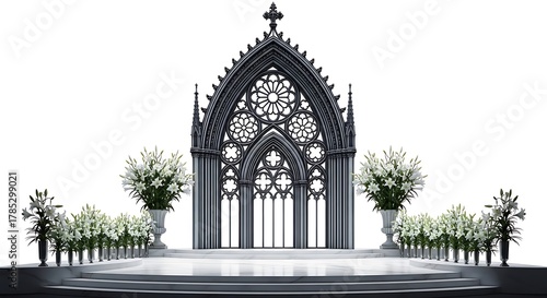 Gothic Arch Wedding Stage Decoration With White Lilies And Marble Platform kdhfishd stock