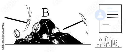 Pickaxes striking rocks releasing Bitcoin coins mining metaphor for blockchain technology. Ideal for cryptocurrency, investment, blockchain, decentralization, digital economy, money, finance. Simple