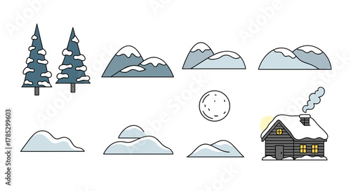 Illustration of winter landscape with trees mountains and a cabin
