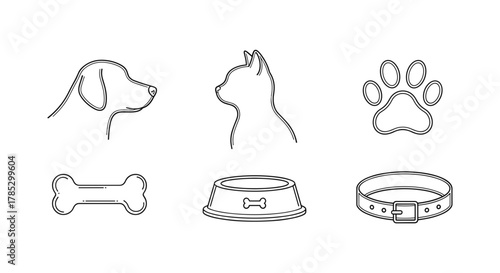 Outlined drawings of a dog, cat, paw, bone, bowl, and collar