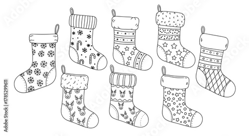 Illustration of eight christmas stockings with various patterns