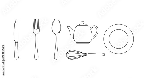 Line drawing of kitchen utensils including cutlery and teapot