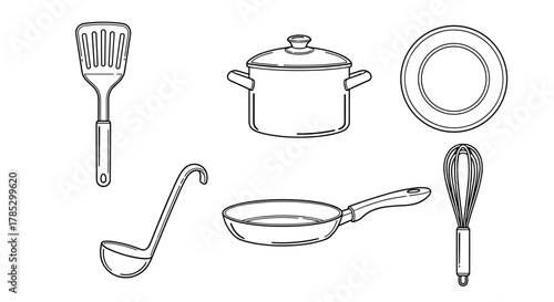 Illustration of kitchen utensils including pot plate and spatula