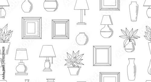 Seamless pattern with vases lamps and frames in black and white style